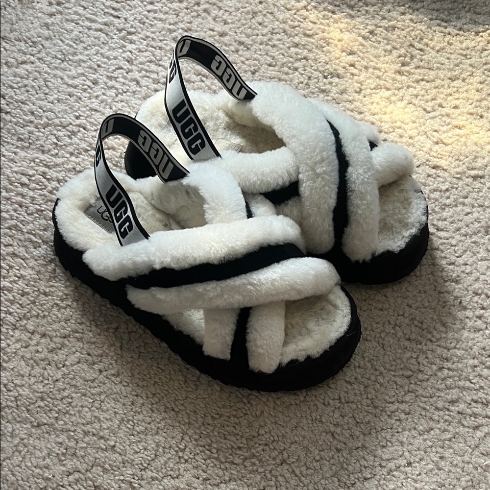 UGG Black and White Plush Slippers